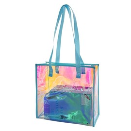 Kasepie Blue Iridescent Beach Bag for Women14x12x6 inch Holographic Vinyl Storage Tote Bag Clear Bag Stadium Approved for Work Sports Games Concerts Travel and Beach blue (299-21)