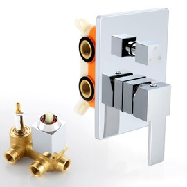 SKOWLL Shower Valve Kit Polished Chrome 3-Way Shower Mixing Valve Wall Mount 3 Function Shower Control Valve Single Handle Bathtub Water Control Valve Trim