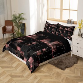 Funda de edredón negra y rosa claro, moderna funda de edredón geométrica, cubos de neón degradado, juego de cama individual para niñas, juego de cama cuadrado abstracto de cuadrícula geométrica,