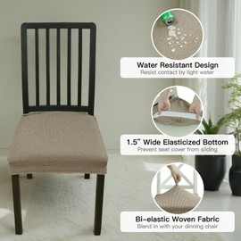 Lawalon Water Resistant Linen Dining Chair Seat Covers (Beige, Set of 2), Elastic Woven Fabric Kitchen Slipcovers, Heavy-Duty, Non-Slip Seat Protectors, Machine Washable Chair Covers