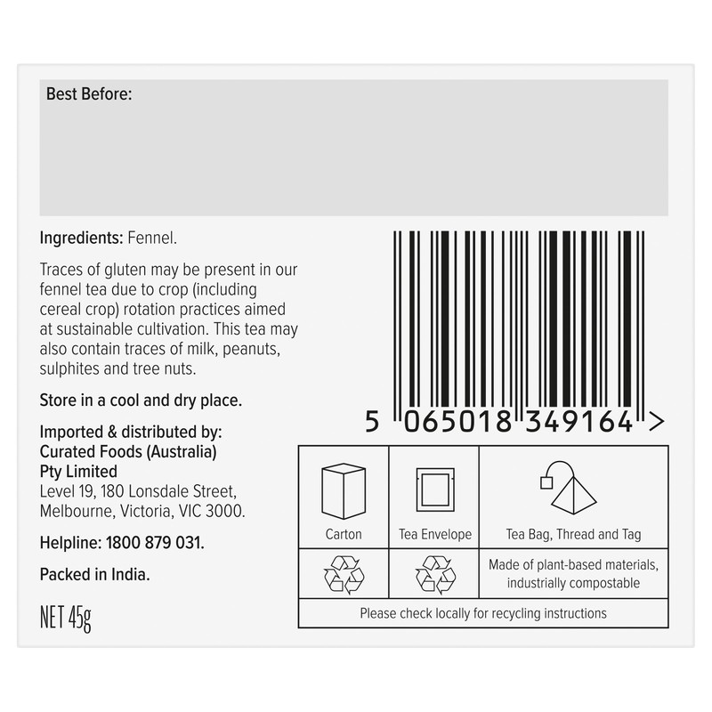 96° Fennel Tea - 20 Pyramid Tea Bags, Individually Wrapped,