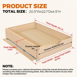 Pull Out Drawers for Cabinet 21.5" W x 23" D x 4.5" H Wood Slide Out Organizer and Storage Kitchen Cabinet Drawers Slide Out Shelves Pull Out Shelves in Kitchen Pantry Bathroom with Soft Close