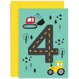 Old English Co. Colourful Fourth Birthday Card for Boys and Girls - Fun Construction Vehicle Happy 4th Birthday Card for Children - Age 4 - Digger Tractor Birthday Card for Him or Her | Blank Inside