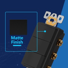 LIDER Minimalist Design Matte Finish Lighted Triple Switch with Screwless Wall Plate, Combination Frameless Decorator Switch with Locator Light, Ground Terminal Single Pole, 15A 120V, UL Listed, Black