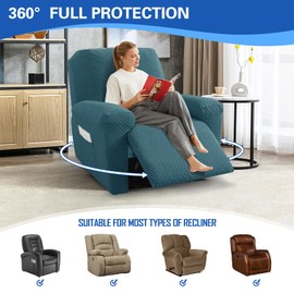 MAXIJIN Recliner Cover Slipcovers for Living Room 4 Pieces Stretch Jacquard Recliner Chair Cover Soft Fitted Recliner Protector with Elastic Bottom for Kids, Pets (Recliner, Peacock Blue)