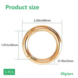 XCSJ Pack of 5 Round Carabiner 61 mm OD 50 mm ID Very Robust Zinc Alloy Round Carabiner Ring Carabiner Hook Round Large Carabiner Round O Ring for Key Chain, Bag, Jewellery, DIY Crafts (Golden)