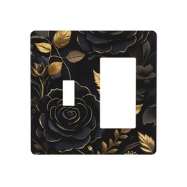 WMHUSU Decorative Outlet Covers Art Big Black Flowers Golden Leaves 2 Gang 1 Gang Wall Plate Cover Single Toggle Rocker Combination Light Switch Plate Covers Jumbo Switch Cover Plate