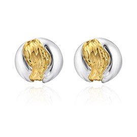 Two-Tone Statement Stud Earrings, Silver and Gold Circle Design, Modern Ball Shape