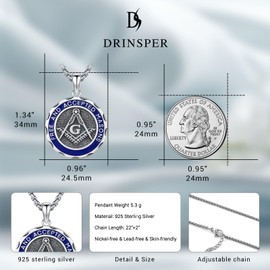 DRINSPER Masonic Necklace For Men Freemason Symbol Pendant 925 Sterling Silver Freemasonry Jewelry Gifts With Box for Men Women