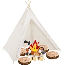 Kigley 26 Pcs Pretend Camping Play Set Includes Kids Teepee Tent Beige Indoor Play Tent Felt Campfire Toys Wood Print Throw Pillow Floor Cushion for Boys Girls Adults Dramatic Play Home Decorations