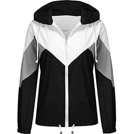 SoTeer Color Block Rain Jacket Women Raincoat Waterproof With Hood Outdoor Lightweight Windbreaker (Black, XXL)