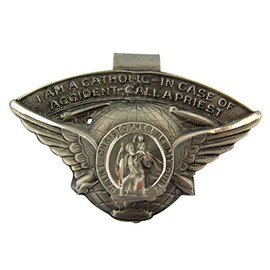 Saint St Christopher I Am Catholic Case Of Accident Call Preist 1 5/8" H Pewter Auto Visor Clip
