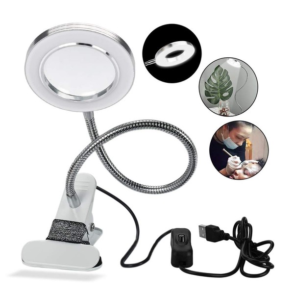 2.5X Magnifying Lamp, ATOMUS LED USB Rechargeable Tattoo Beauty Magnifier Lamp with Metal Clip for Eyebrow Tattoo Manicure Eyelash Extension Read