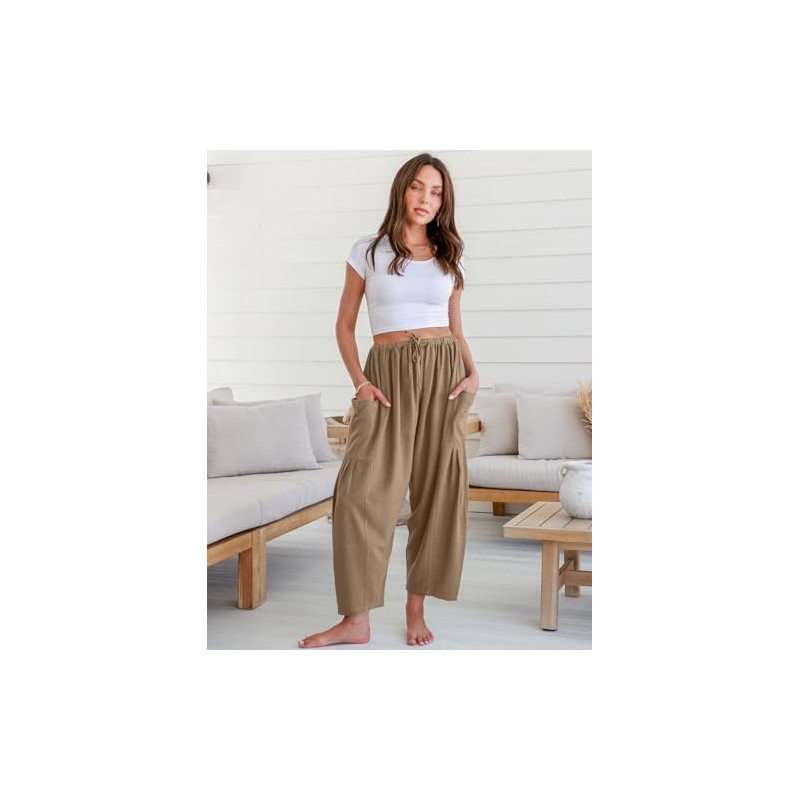 TARSE Womens Linen Pants Casual Wide Leg Loose Drawstring Low