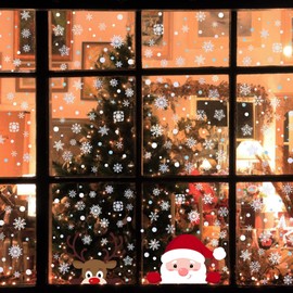 WALPLUS Christmas Window Stickers Clings Xmas Decoration Sale Clearance Reusable Double-Sided Print Decals for Glass Living Room Windows Display Home Décor Santa And Rudolph with Snowflakes 320 pieces