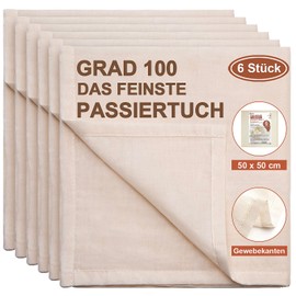 eFond Straining Cloth, Pack of 6, 50 x 50 cm, Cheesecloth, Fine Woven Density 100, Unbleached Pure Cotton Muslin Cloth with Clean Folded Hem, Cheesecloth, Washable and Reusable