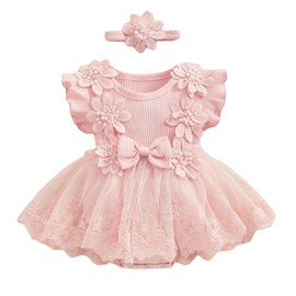 UUAISSO Baby Girl Summer Clothing Lace Romper Strawberry Print Sleeveless Bodysuit Dress Headband Sets Newborn Outfits, pink