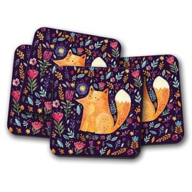 4 Set - Ginger Fox Drawing Coaster - Cute Animal Art Wildlife Flower #15571