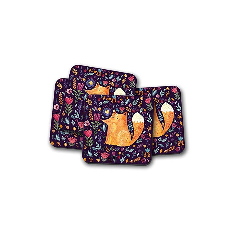 4 Set - Ginger Fox Drawing Coaster - Cute Animal