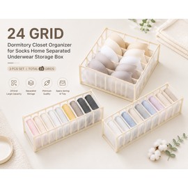 24-Grid Foldable Drawer Organizer, Beige – Clothes, Socks, Underwear & Bra Storage Box