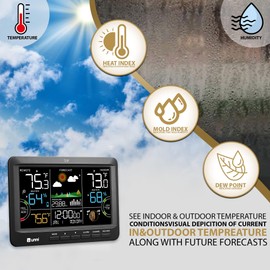 Weather Station Indoor Outdoor Thermometer Wireless, Home Atomic Clock with Large Constant Display, Inside Outside Temperature Humidity Monitor, Dew Heat Point, Barometer Black