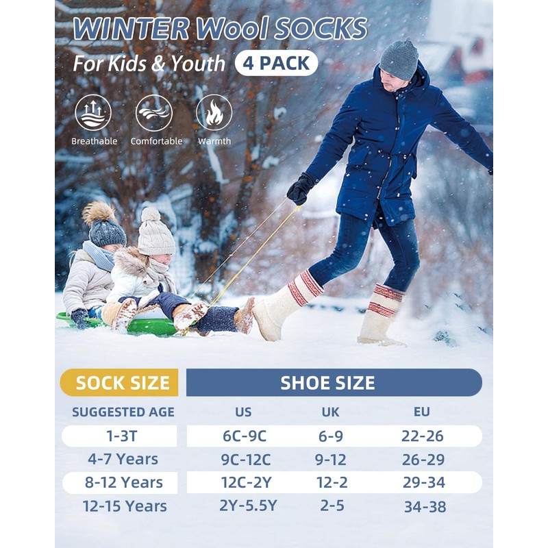 Vihir 4Pairs Kids Wool Socks, Warm & Comfortable