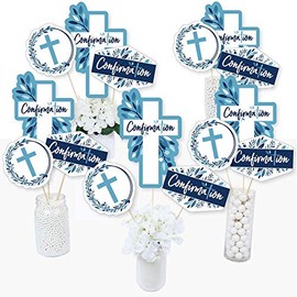 Big Dot of Happiness Confirmation Blue Elegant Cross - Boy Religious Party Centerpiece Sticks - Table Toppers - Set of 15