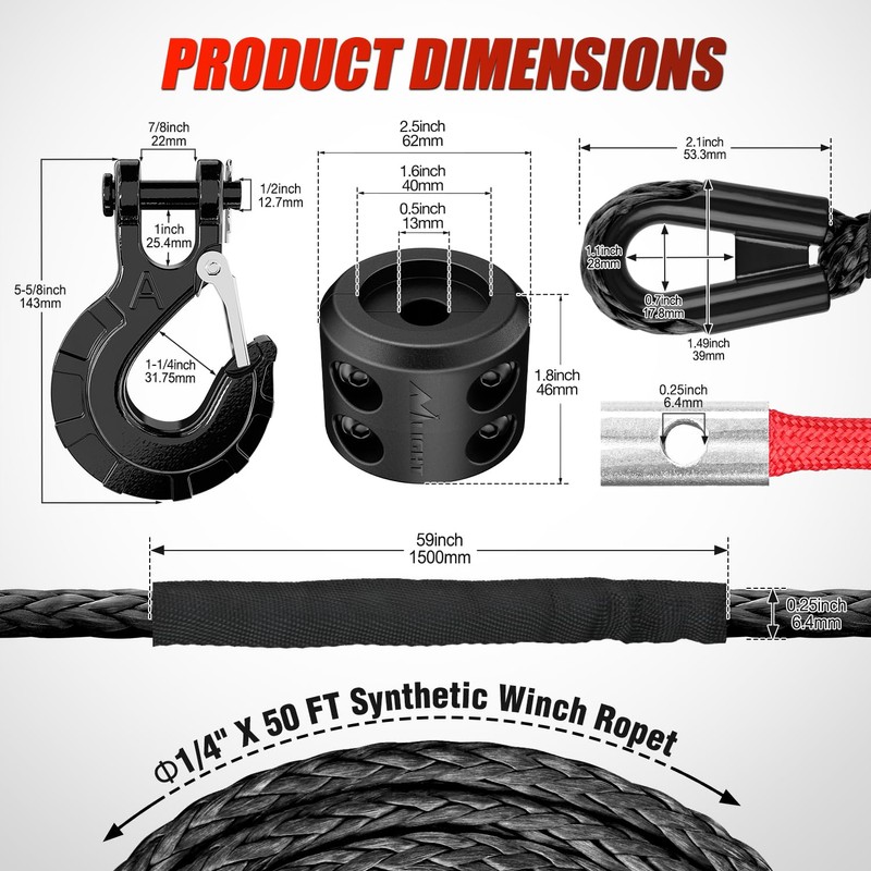 Nilight Winch Rope 1/4 Inch x 50 Feet Synthetic Winch