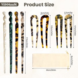 8 Stück Acetat Haarstab, Acetat Haarstäbchen und U Förmige Haargabel, Chinesische Haarnadel mit Kleine Aufbewahrungstasche Schildpatt Haarsticks Haaraccessoires für Frauen