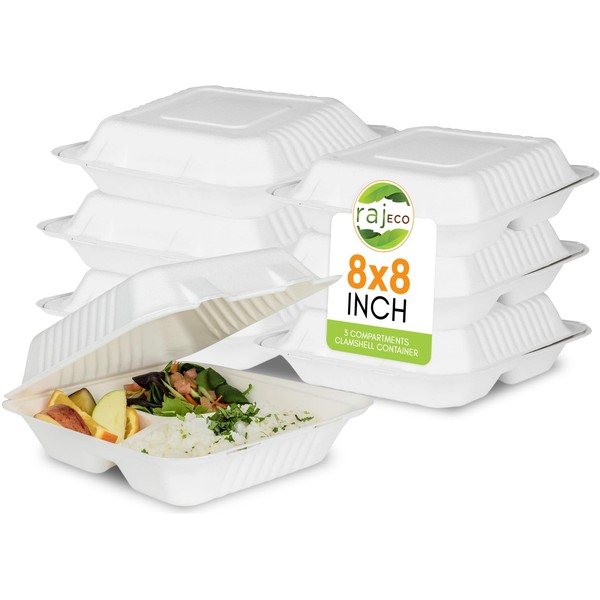 Raj Eco To Go Containers Compostable Clamshell Disposable [8x8" - 3 Compartment 50-Pack] Take out Box With Hinged Lids, Meal-Prep, Eco Friendly, Biodegradable, Made of sugar cane Bagasse