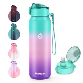 WEMEET 17oz Insulated Water Bottle with Removable Straw & Strap, 18/10 Stainless Steel Sports Bottle for Sports, Gym, Travel, and School(GREEN PINK PURPLE)