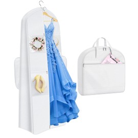 MISSLO 2-in-1 Wedding Dress Garment Bag with 5 Bride Accessories Pockets 70" Dress Bags for Gowns Long with Adjustable Handles Trifold Dresses Cover for Travel and Closet Storage, White