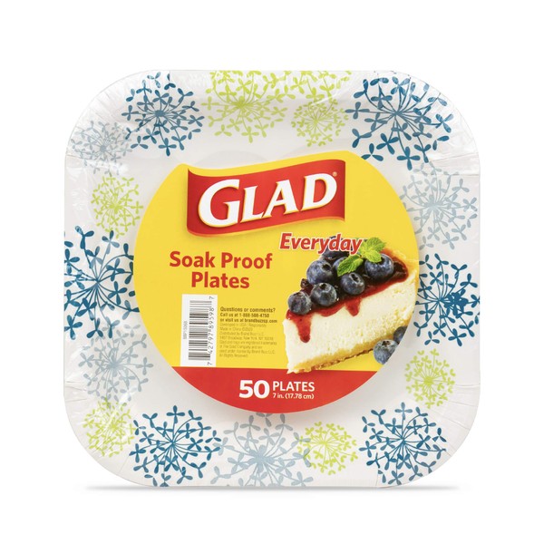 Glad 7 Inch Square Paper Plates | Soak Proof Disposable Paper Plates for Everyday Use | 50 Count White Paper Plates with Blue and Green Hydrangea Design, Strong and Heavy Duty Square Paper Plates