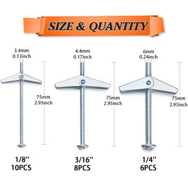24PCS Toggle Bolt and Wing Nut Set, Camtek Toggle Bolt Zinc Plated Steel Phillips Round Head Toggle Bolt and Wing Nut Assortment Kit for Hanging Heavy Items on Drywall -3 Sizes(1/8'', 3/16'', 1/4'')