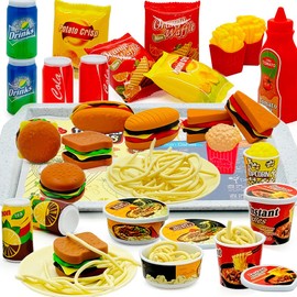Pretend Play Kitchen Food Set for Kids Hamburger Fries Noodles Drink with Tray Playset,Play House Kitchen Accessories Role Toys Birthday Gifts for Boys Girls 3 4 5 Yrs (31Pcs Hamburger Chips)