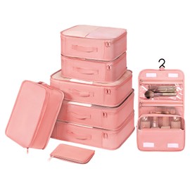 DIMJ Packing Cubes 8 Pcs - Travel Cubes for Suitcase Lightweight Travel Essential Bag with Large Toiletries Bag for Clothes Shoes Cosmetics Toiletries (Pink)