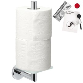 bremermann Bad-Serie Lucente - Toilettenpapierhalter mit Glasboden, Ersatzrollenhalter für 2 Toilettenpapierrollen inkl. Klebeset, aus Glas und Edelstahl verchromt