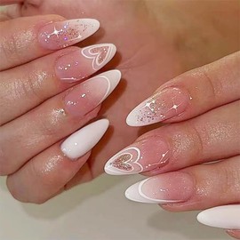 Valentine's Day Press on Nails Medium Almond Fake Nails White Gradient French Tip False Nails with Designs Love Heart Sparkling Glitter Glossy Glue on Nails Shiny Acrylic Nails for Women 24Pcs