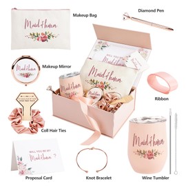 CARAKNOTS Maid of Honor Proposal Gifts Will You Be My Maid of Honor Pink Bridesmaid Proposal Gifts Box for Wedding Bridal Bachelorette Party Favor Stainless Steel Wine Tumbler 12 oz