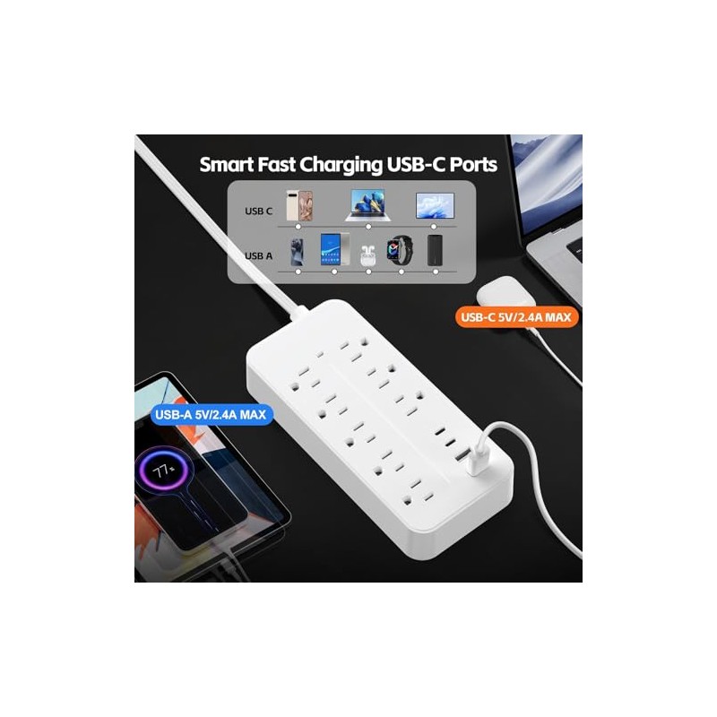 7.6M Plana Extension Electrica, Regleta Multicontacto con Protector de Sobretensión,