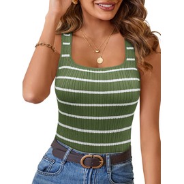 Ribbed Tank Tops for Women 2025 Square Neck Sleeveless Shirts Striped Knit Summer Casual Green Basic Tanks for Teacher