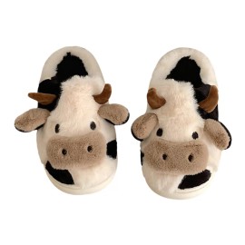 XIXITIAO Cute Cow Plush for Slippers for Women Indoor Summer Warm Home Shoes with PVC Cotton Fabric Platform StyleColor: White, US Size: 42-43 (9 Women/8 Men)