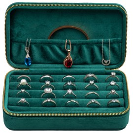 COWFEX Velvet Multiple Ring Box Jewelry Organizer Display Tray with Zipper Around, Ring Holder Earring Case for Wedding Birthday Christmas Valentine Day (Green)
