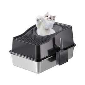Curtainboro Stainless Steel Cat Litter Box,High Sided Extra Large Boxes for Cats, Enclosed Removable Covered Litter Box, Odor Control Anti-Leakage Large Top Entry Cat Toilet,23.6 x 15.7 x 13.58,Black