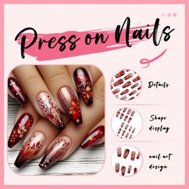 24Pcs Fall Maple Leaves Medium Coffin Autumn Fake Nails Thanksgiving Red Ombre Gel Glue on Nails Wine Red Maple Leaf False Nails Set Fall Stick on Fingernails Thanksgiving Artificial Nail for Women