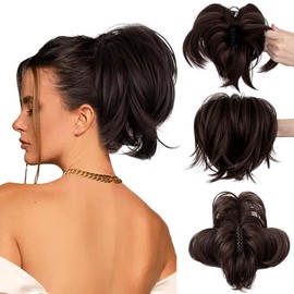 PORSMEER Claw Messy Bun Hair Piece with Bendable Metals,Claw Clip Short Ponytail Hair Extensions Messy Bun Hair piece Wavy Curly Fake Hairpieces