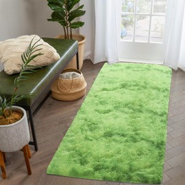 YUFANUHO 2x6 Green Tie-Dyed Runner Rugs for Bedroom, Ultra Soft Non-Slip Fluffy 2'x6' Grass Green Bedside Rug for Kids Room, Kitchen, Entryway, High Pile 2x6 Runner Laundry Carpets Bright Green
