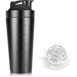Proteinshaker aus Edelstahl mit Mischkugel, 750 ml, Proteinflasche mit Mischkugel aus Edelstahl und Filter, Shake Blender kugel Stahl Shaker
