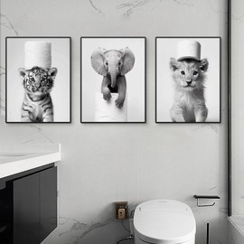 Uixxducc Set of 3 Black and White Poster Set, Bathroom Pictures, Animals, Toilet Decoration, Modern Wall Pictures, Canvas Pictures, Wall Decoration Pictures for Bathroom (21 x 30 cm)
