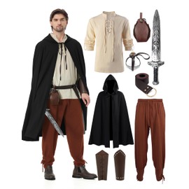 aicoaub 9Pcs Mens Renaissance Viking Costumes Set for Men Medieval Pirate Toys Elf Hunter Ren Faire Dress up Full Outfit